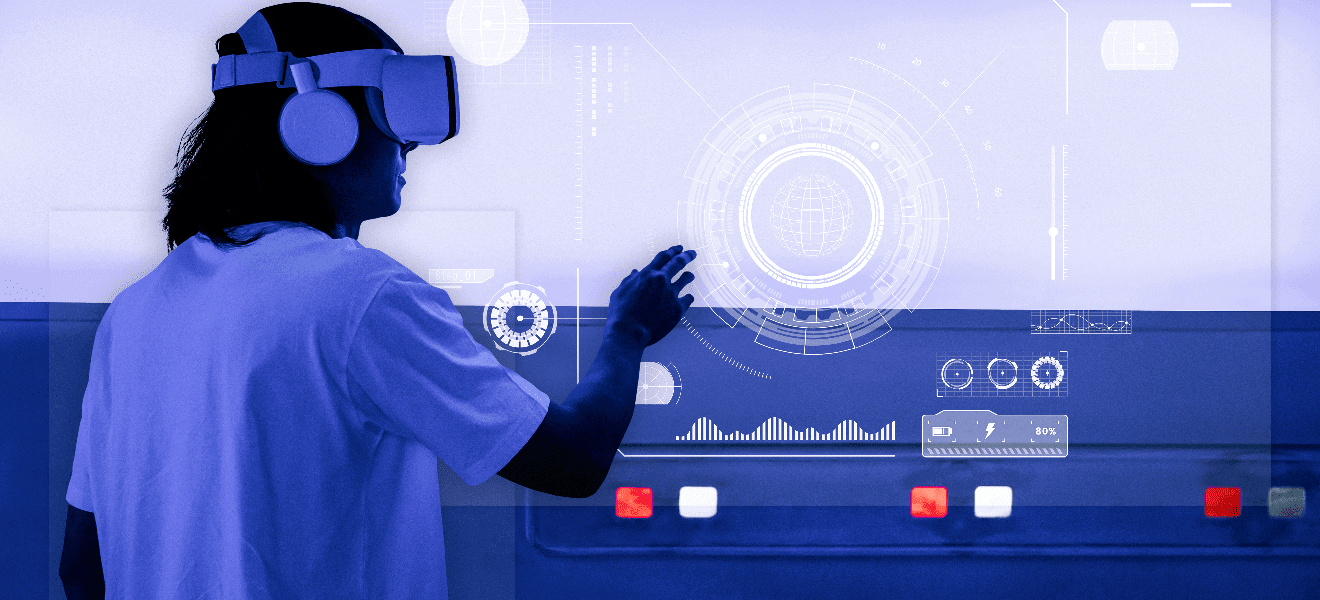 Person wearing VR headset interacting with holographic interface
