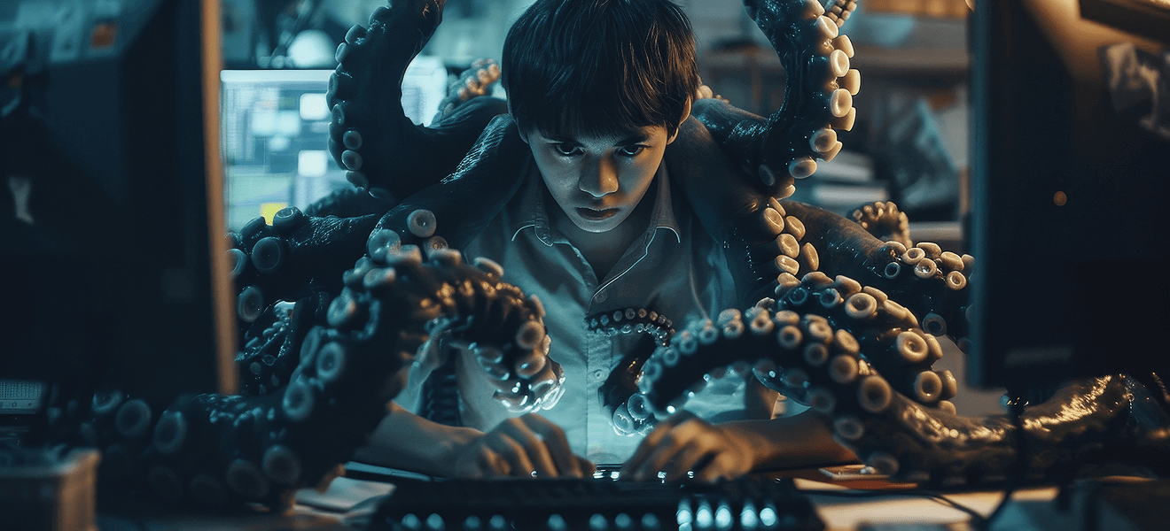 Young man at keyboard with octopus tentacles