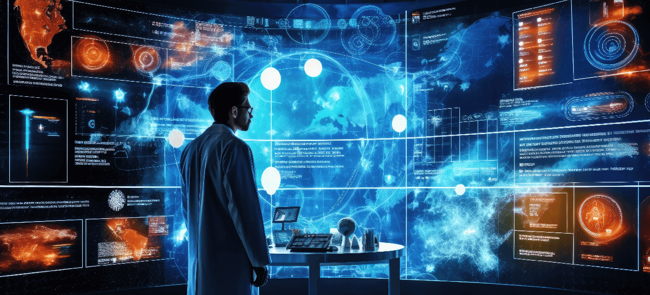 Scientist monitoring holographic global data displays