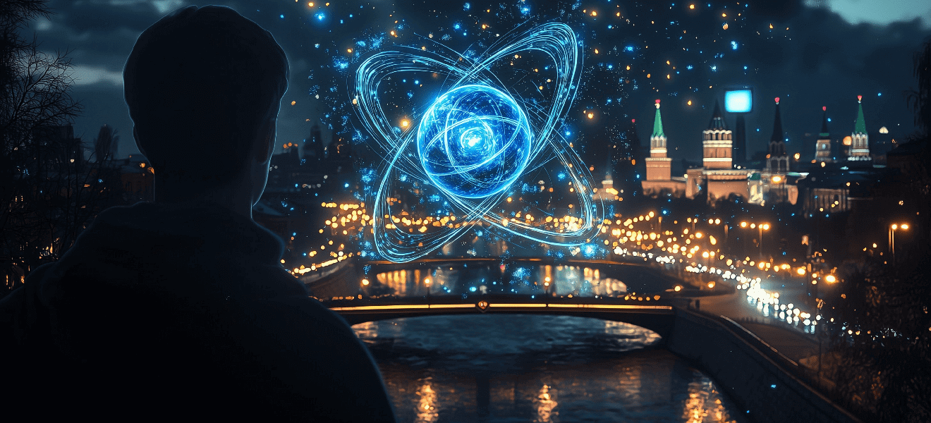 Figure gazing at luminous atom projection
