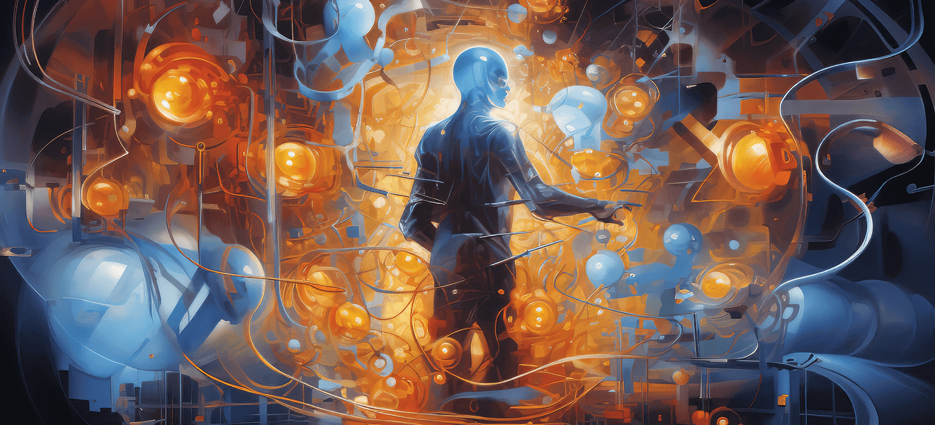 Silhouette amid glowing futuristic data orbs