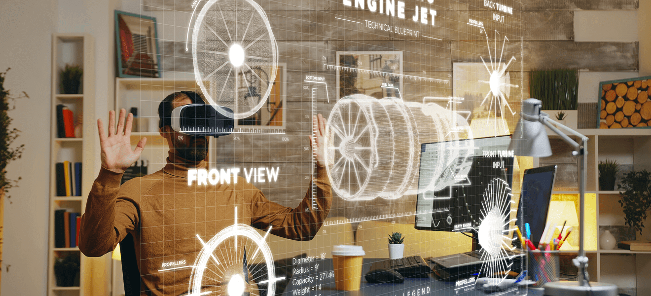 VR user visualizing holographic jet engine diagrams