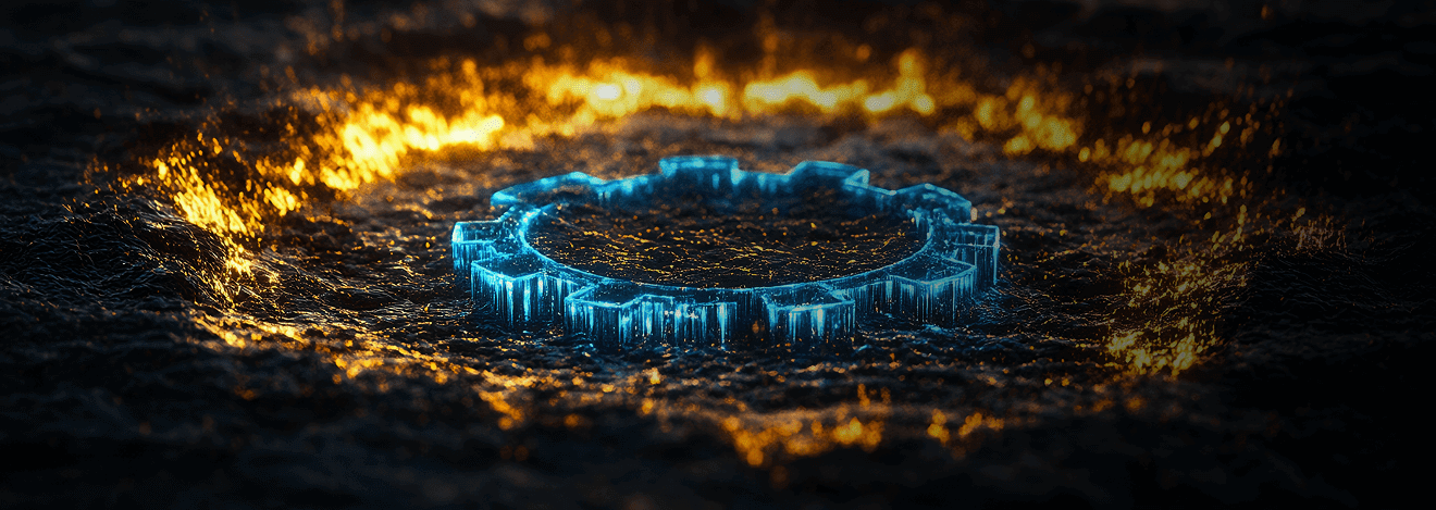 Neon blue gear encircled by molten gold