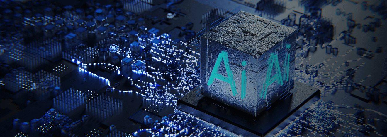 Blue-lit AI cube atop motherboard network