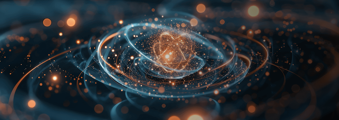 Glowing abstract particles orbiting a luminous core