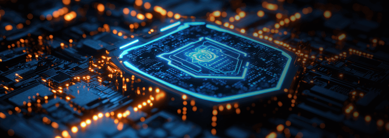 Glowing cybersecurity shield on circuit board
